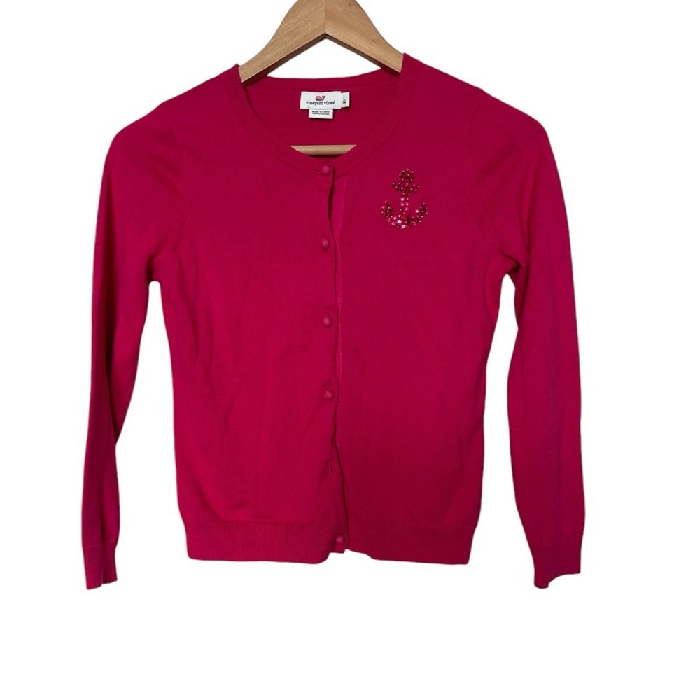 VINEYARD VINES Beautiful Girls Cardigan w/ Jeweled Anchor‎ Size Large 14 Pink